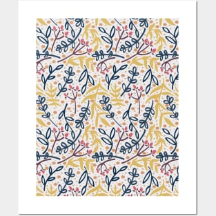 Botanicals and Dots - Hand drawn Design - Pink, Yellow, Navy Blue Posters and Art